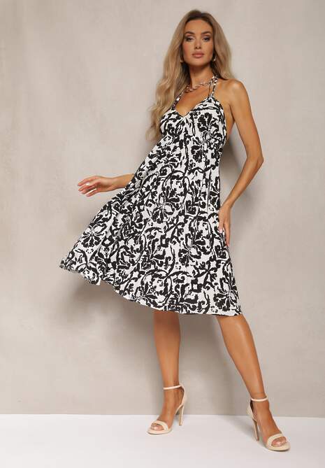 Czarna Sukienka z Kopertowym Dekoltem na Ramiączkach Wiązana na Szyi Ieviana