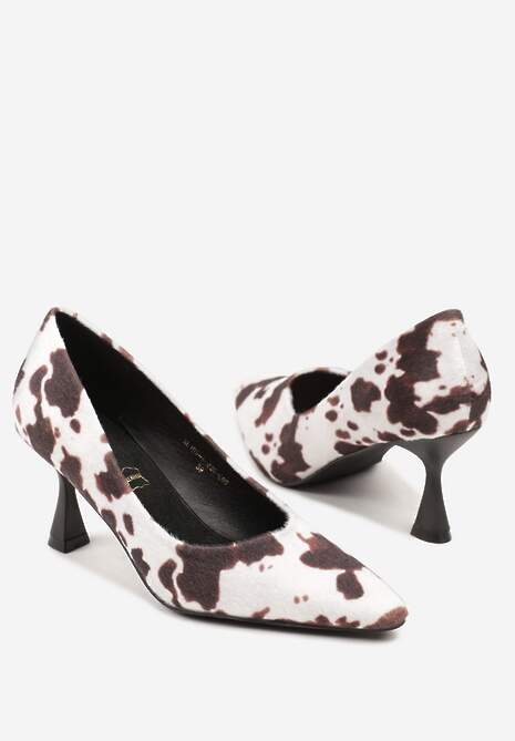 Brązowo-Białe Czółenka Vices w Krowie Łaty na Obcasie Typu Klepsydra ze Skórzaną Wkładką Dedvire