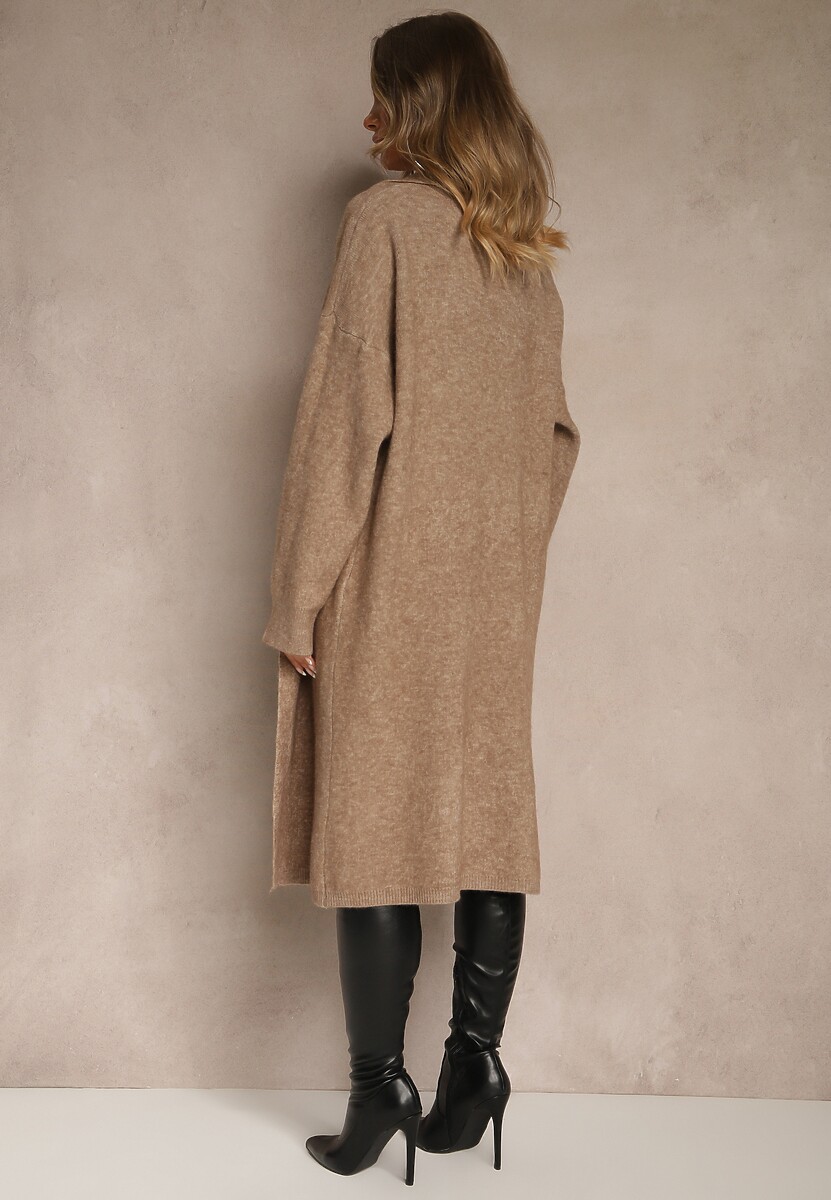 Ciemnobeżowy Dzianinowy Komplet z Wełną Prążkowana Sukienka i Długi Kardigan Falonessa