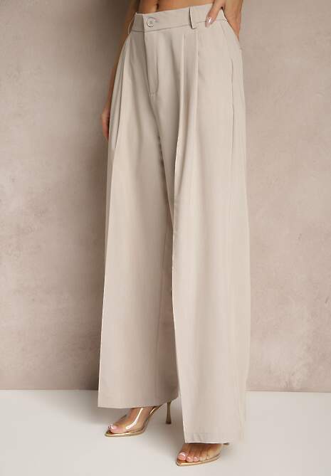 Jasnobeżowe Garniturowe Spodnie z Wiskozą o Szerokim Kroju z Zakładkami Galaniel