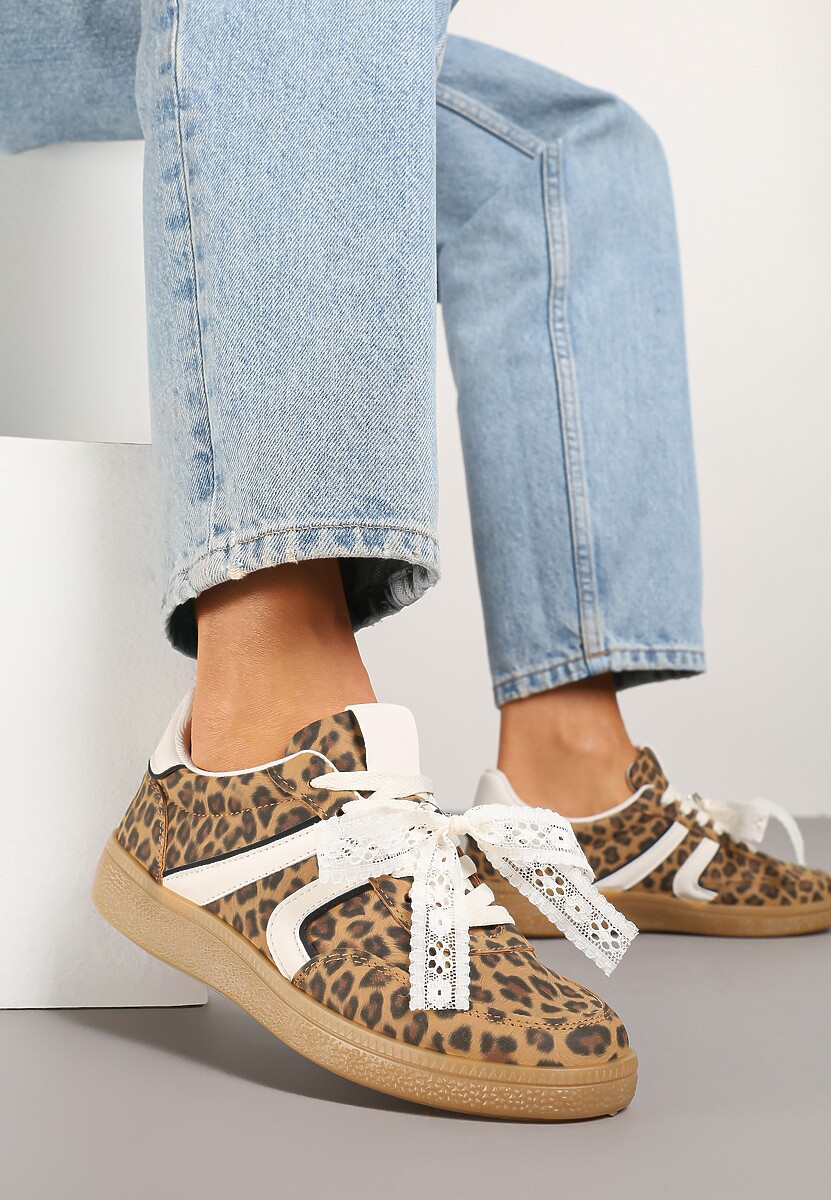 Panterkowe Sneakersy Typu Kultowe Tenisówki z Ozdobną Odpinaną Kokardą Korilinda