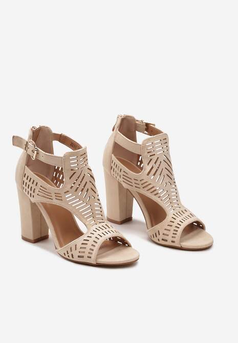 Beżowe Ażurowe Sandały na Wysokim Słupku ze Sprzączką przy Kostce Votilla