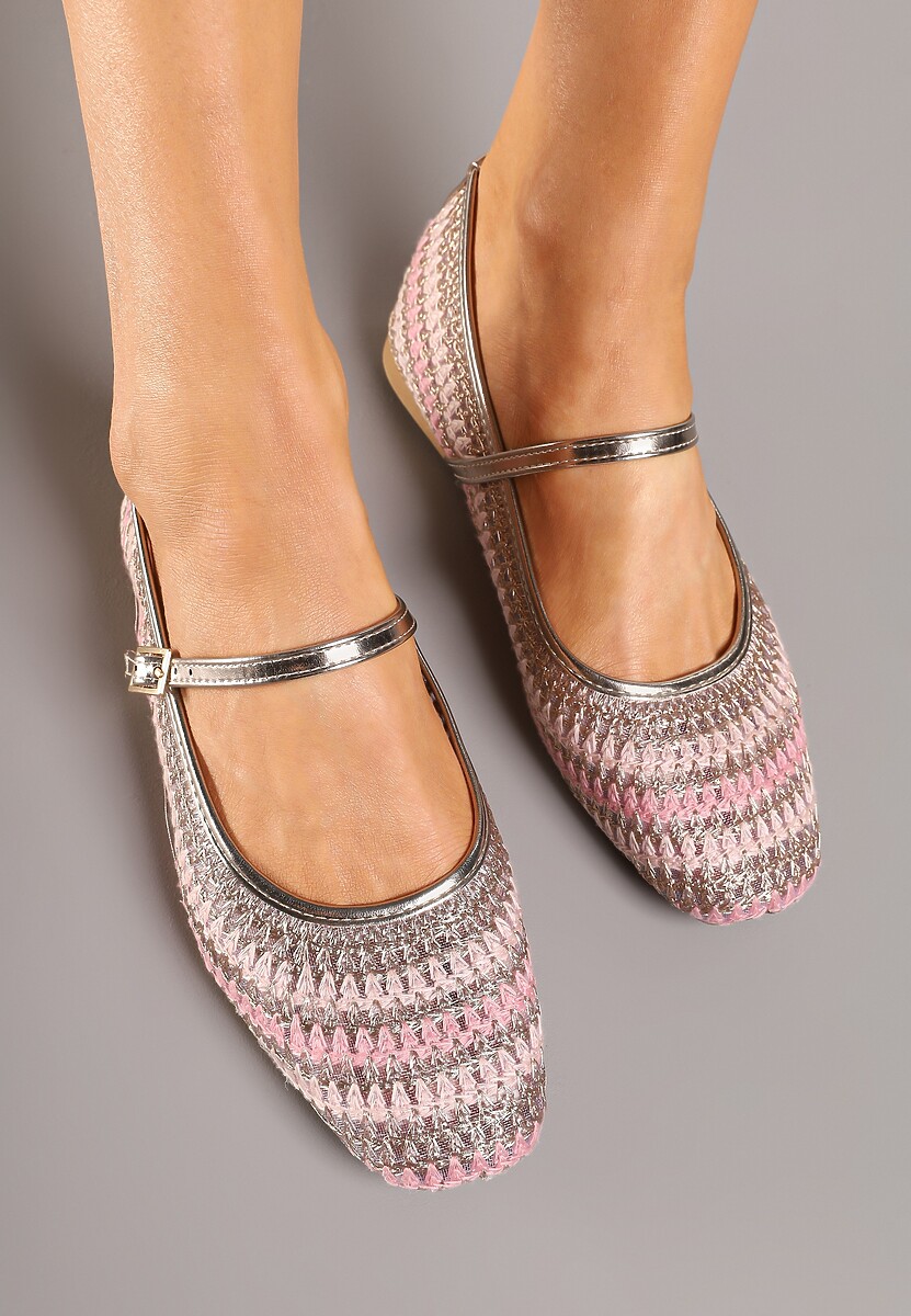 Różowo-Złote Balerinki Mary Jane Ozdobione Metaliczną Nicią Ilimalla
