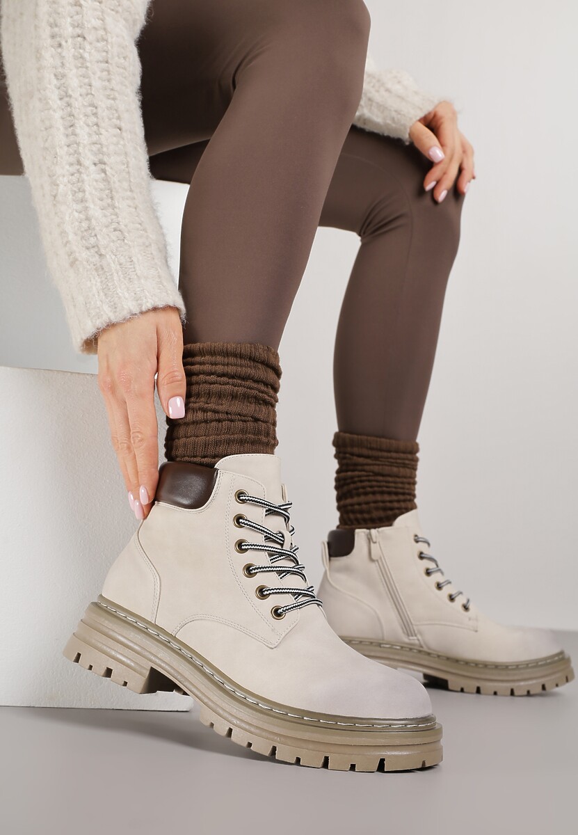 Beżowe Traperki z Ociepleniem i Sznurowaniem Almudena