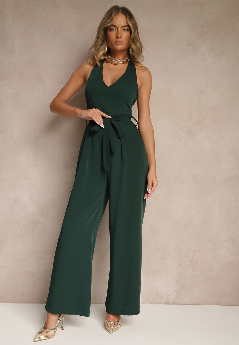 Czerwony Kombinezon o Taliowanym Kroju z Dekoltem Halter i Wiązanym Paskiem Malisena