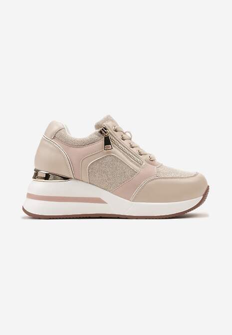Beżowe Sneakersy na Koturnie Ozdobione Zamkiem Błyskawicznym i Metaliczną Wstawką Ellieti