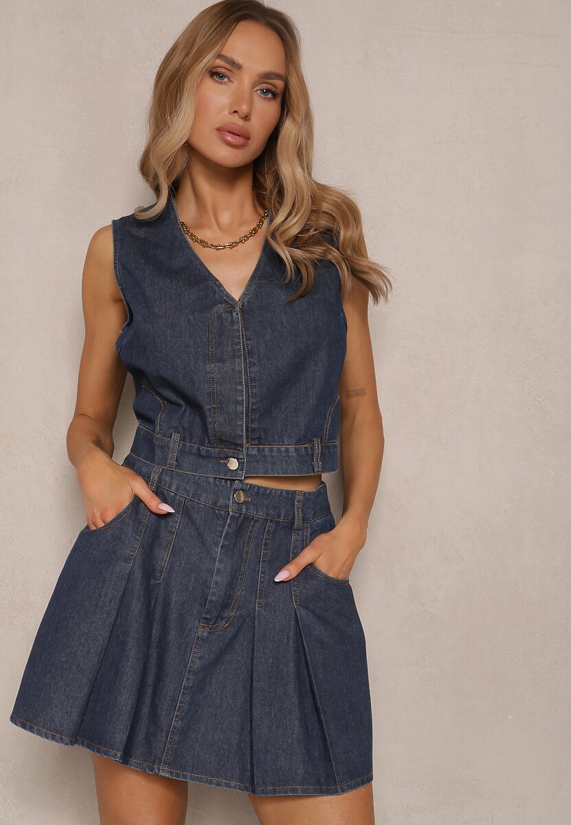 Granatowy Wiskozowy Komplet Jeansowy Kamizelka i Spódnica o Rozkloszowanym Kroju Isbia