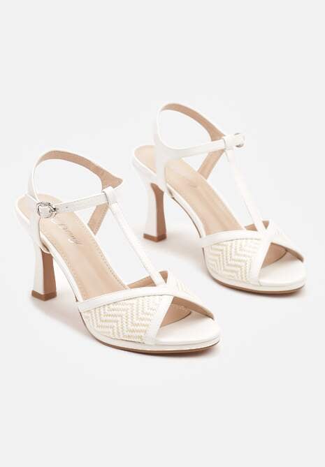 Białe Tweedowe Sandały na Obcasie Zapinane na Pasek z Klamerką Tilliviera