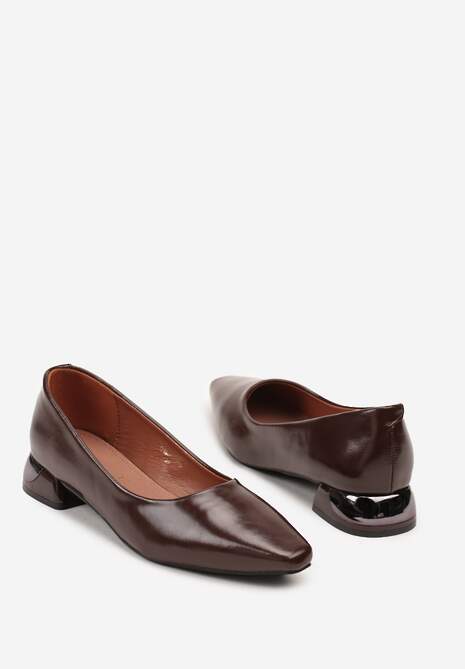 Brązowe Czółenka Vices ze Skórzaną Wkładką na Niskim Obcasie z Połyskiem Criwilla