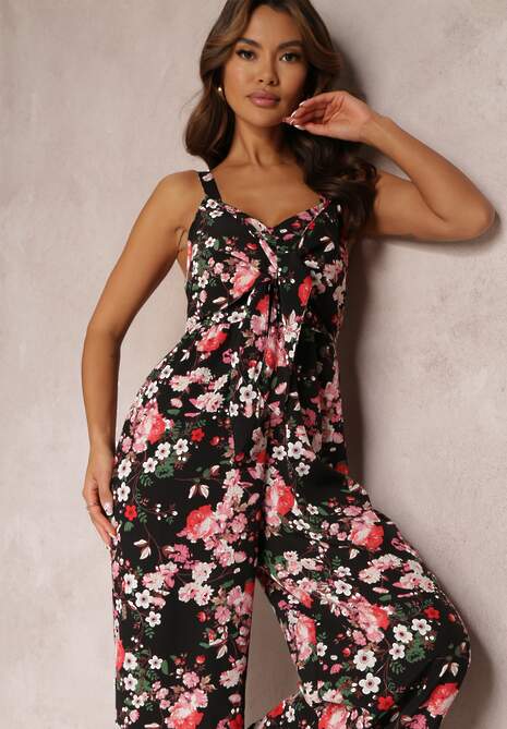 Czarny Kombinezon z Szerokimi Nogawkami i Wiązaniem Przy Dekolcie Gloryhallo