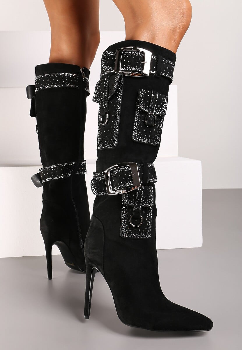 Czarne Kozaki na Obcasie Ozdobione Klamrami Kieszonkami i Cyrkoniami Ansirea