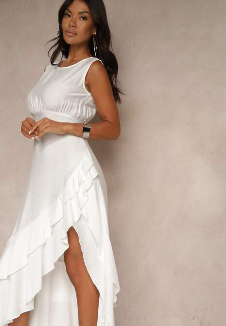 Biała Sukienka z Wiskozą Ozdobiona Falbanami Doloritia