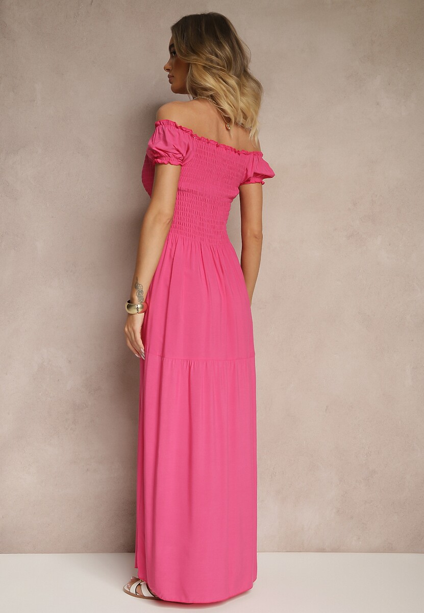 Różowa Sukienka z Wiskozy w Stylu Hiszpanki Ozdobiona Marszczeniem Jenalena