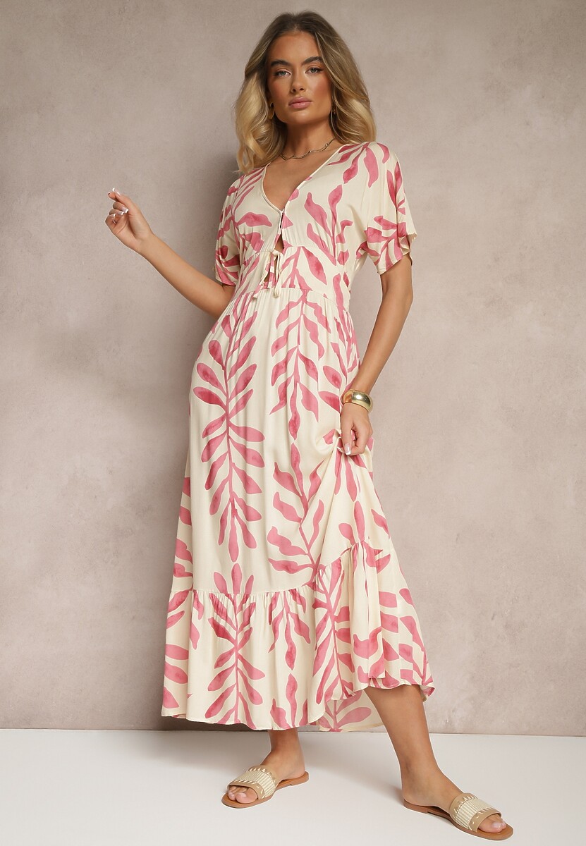 Różowa Wiskozowa Sukienka z Motywem Liści Verilin