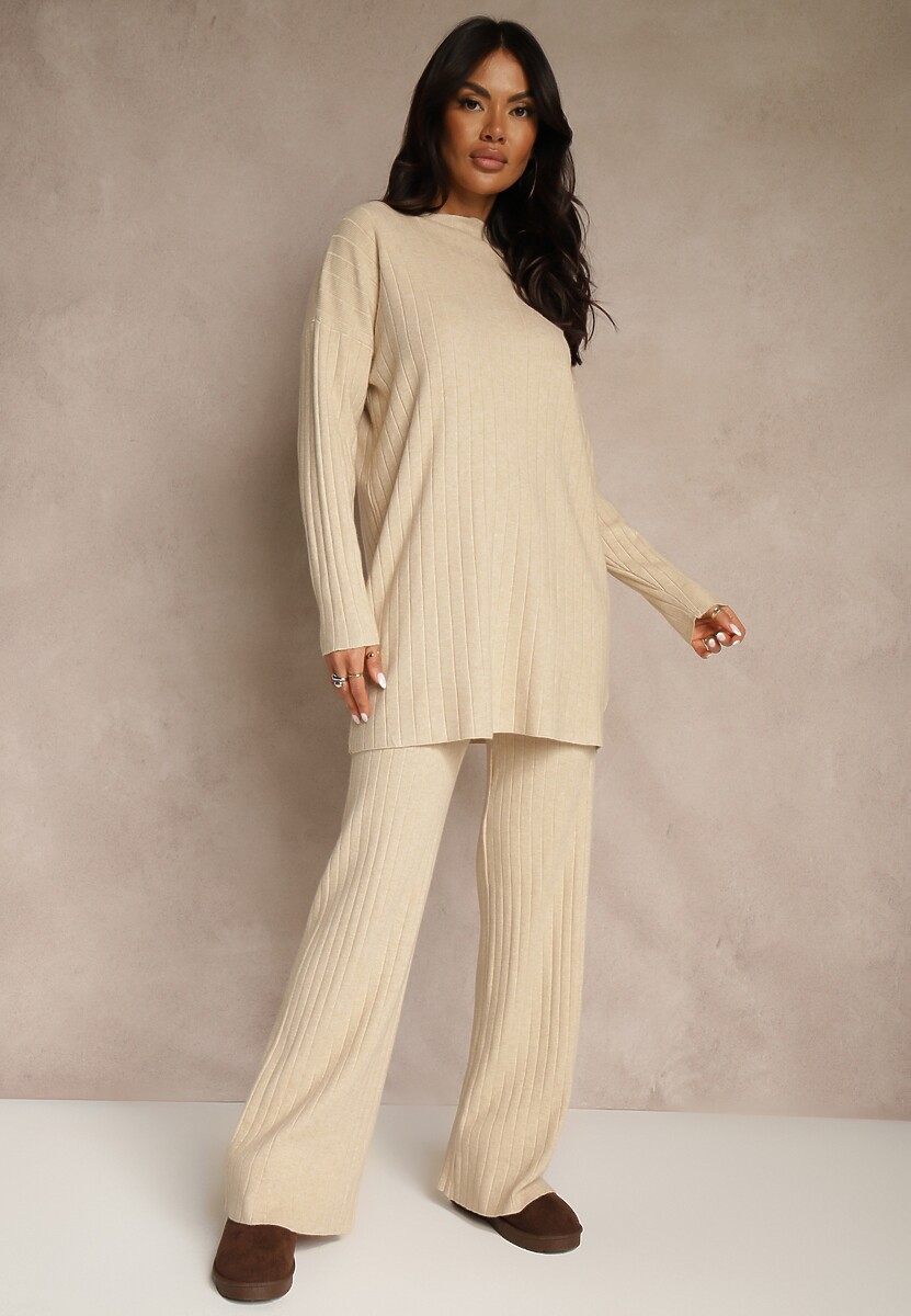 Brązowy Komplet Prążkowany z Bawełną Sweter Oversize i Szerokie Spodnie Wedorena