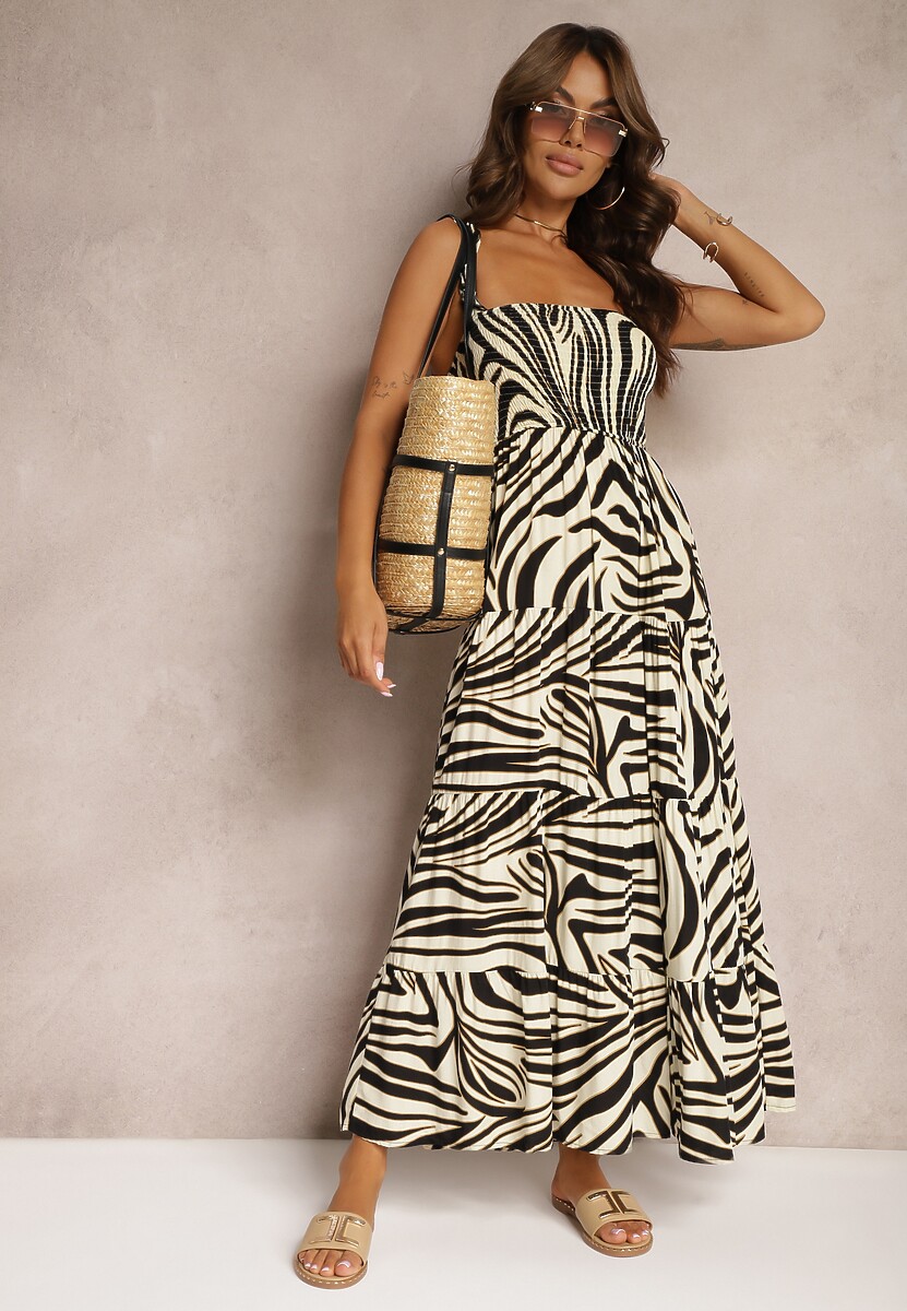 Czarno-Beżowa Sukienka z Wiskozy na Ramiączkach o Rozkloszowanym Kroju Odcinana pod Biustem Mezorea