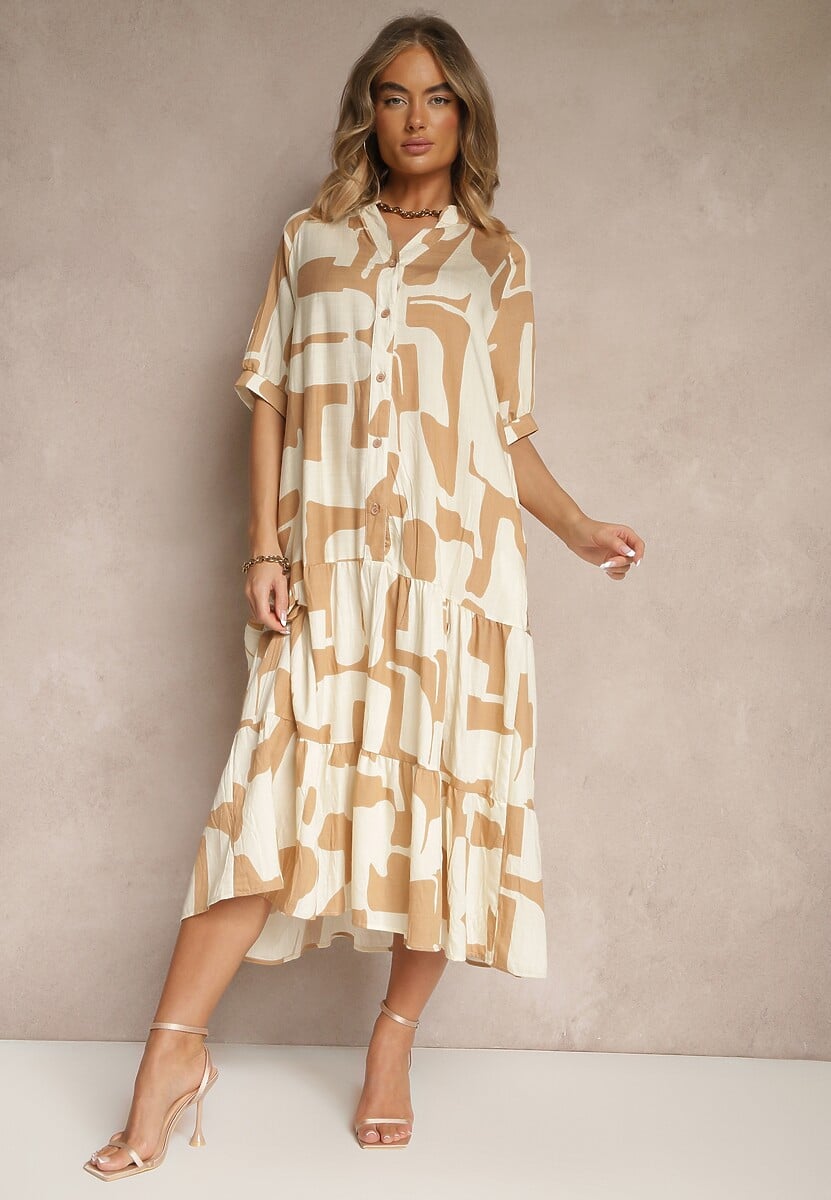 Czarna Sukienka z Wiskozy Ozdobiona Geometrycznym Motywem Filorea