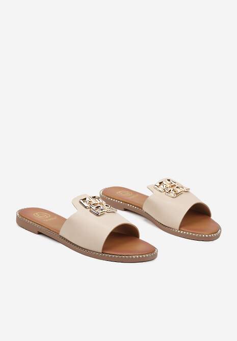 Beżowe Klapki z Metalowym Detalem Marinti