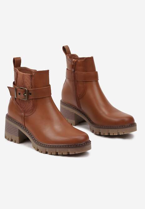 Brązowe Botki Sztyblety na Słupkowym Obcasie z Paskiem z Klamerką przy Cholewce Reanirael
