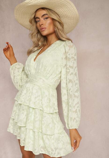 Jasnozielona Mini Sukienka o Rozkloszowanym Kroju z Falbankami i Marszczeniami Sealine