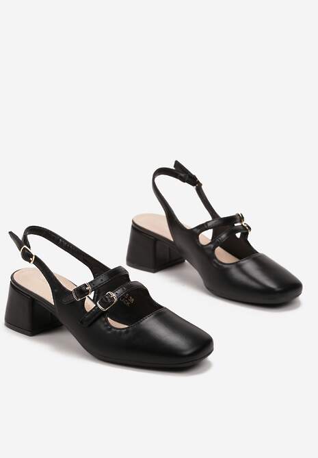 Czarne Czółenka Zapinane na Sprzączki na Kwadratowym Słupku Mirena