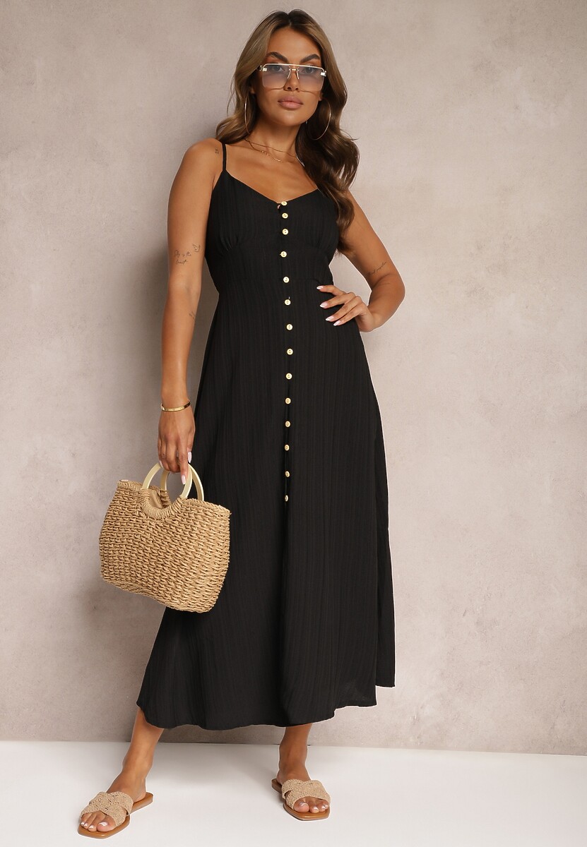 Czarna Taliowana Sukienka na Guziki na Ramiączkach z Regulacją Quafea