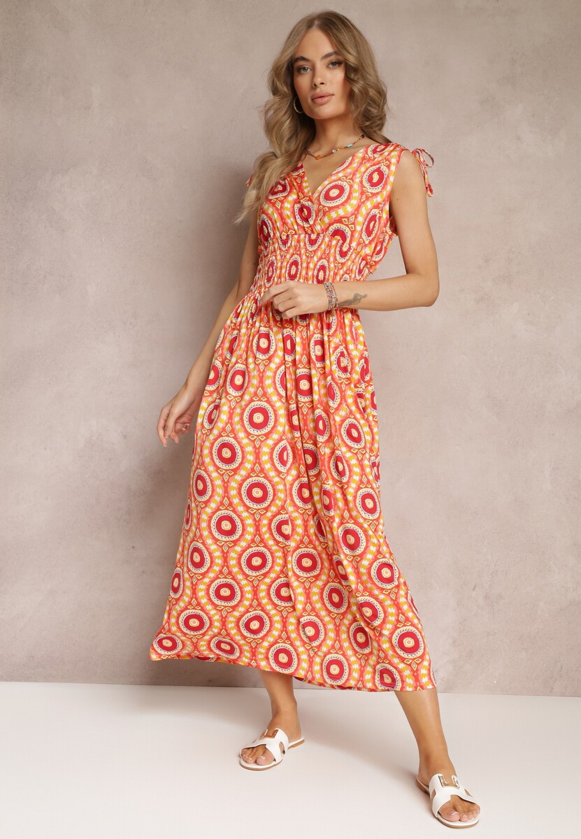 Pomarańczowa Rozkloszowana Sukienka z Wiskozy w Fantazyjny Print Karlene