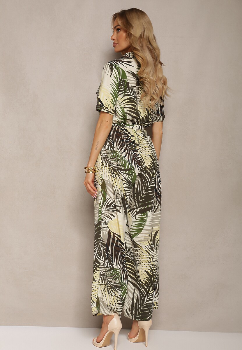 Zielono-Beżowy Kombinezon z Krótkim Rękawem z Gumką w Talii i Materiałowym Paskiem Efilove