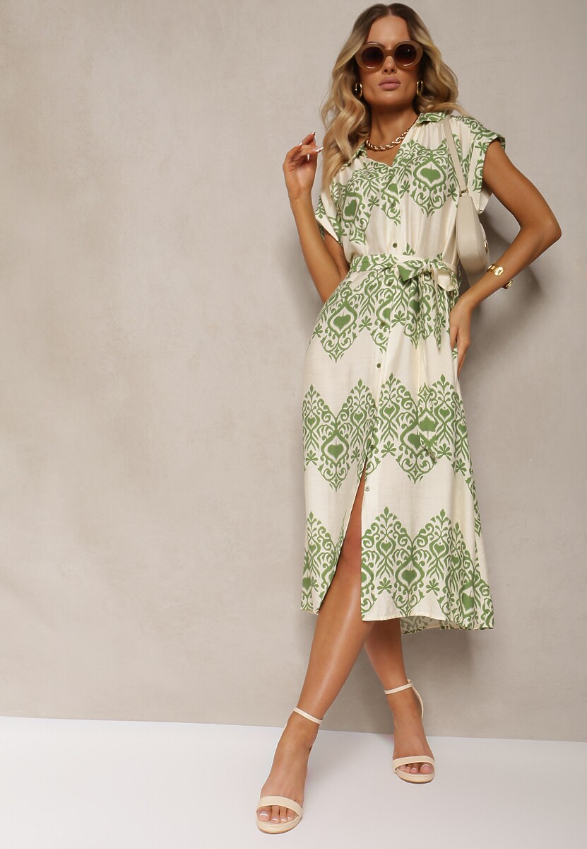 Zielono-Beżowa Sukienka Boho na Guziki z Wiskozą Ozdobiona Paskiem Mosofia