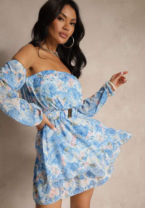 Jasnoniebieska Sukienka Hiszpanka z Wiskozy w Kwiaty z Paskiem i Falbanami Zelmoi