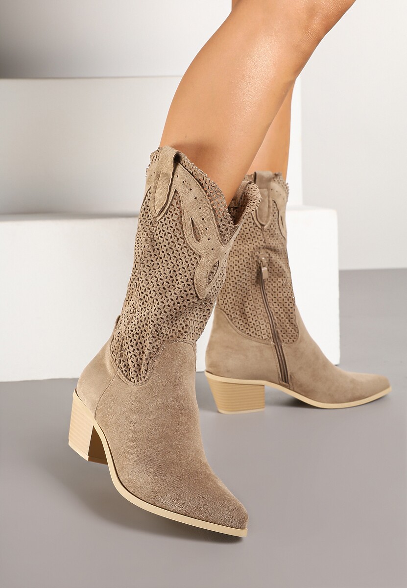 Ciemnobeżowe Botki Kowbojki na Słupku z Ażurową Cholewką Felmira