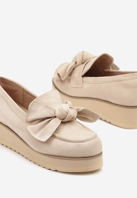 Beżowe Mokasyny z Ekozamszu na Niskiej Platformie z Ozdobną Kokardą Nusalena