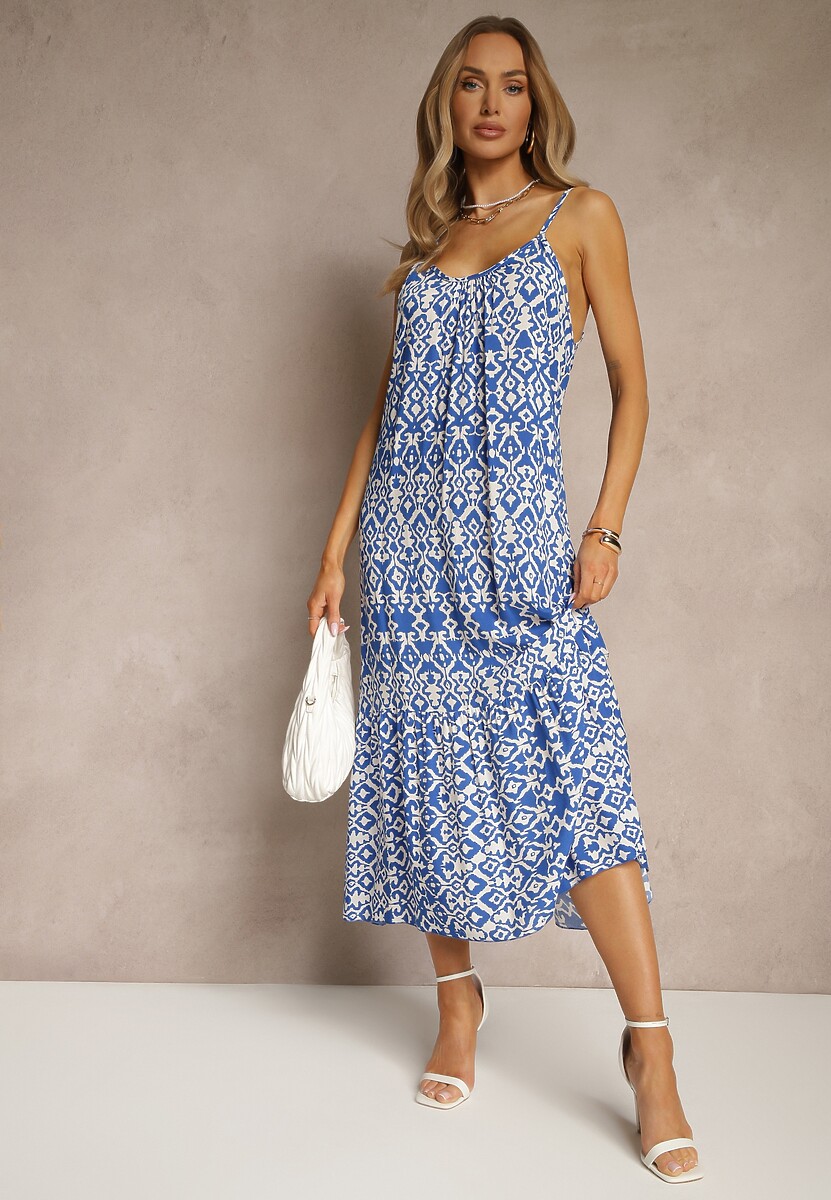 Niebieska Bawełniana Sukienka w Geometryczny Wzór Koloniela