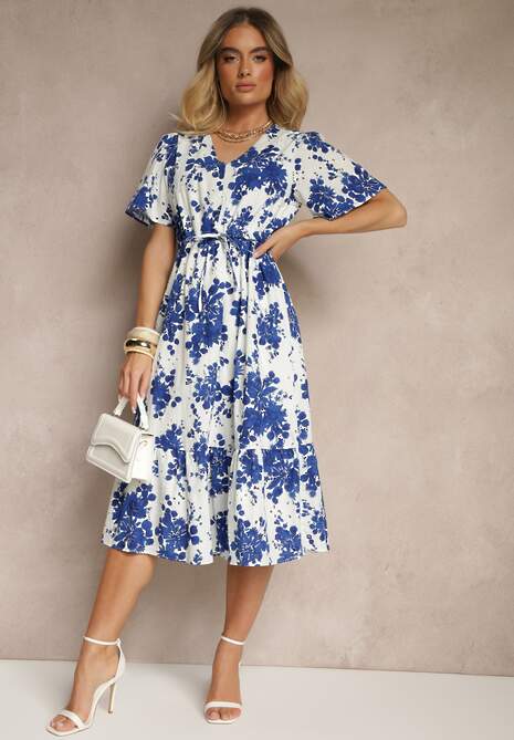 Niebieska Bawełniana Sukienka Rozkloszowana Ażurowa w Kwiatowy Print Velbia