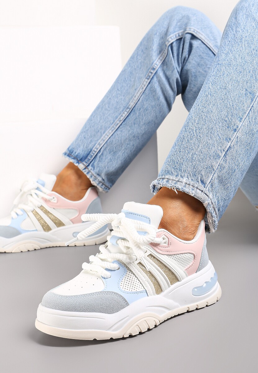 Biało-Niebieskie Sneakersy na Grubej Podeszwie z Brokatem Lenema