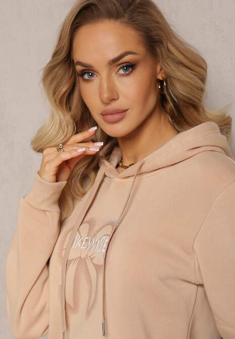 Beżowa Bluza Wykończona Polarem z Nadrukiem i Kapturem Nimba