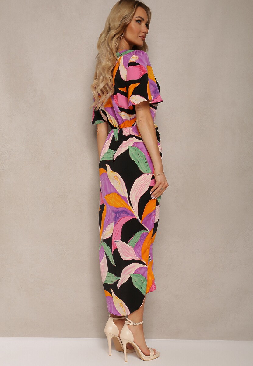 Czarna Kopertowa Sukienka z Krótkim Rękawem Efiole