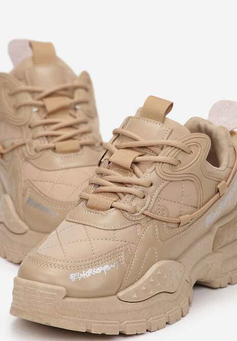 Ciemnobeżowe Sneakersy na Masywnej Podeszwie z Napisami Moisa