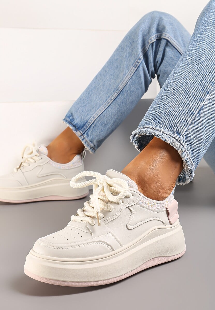 Beżowo-Różowe Sneakersy na Platformie przed Kostkę z Ozdobnymi Przeszyciami Arsicada