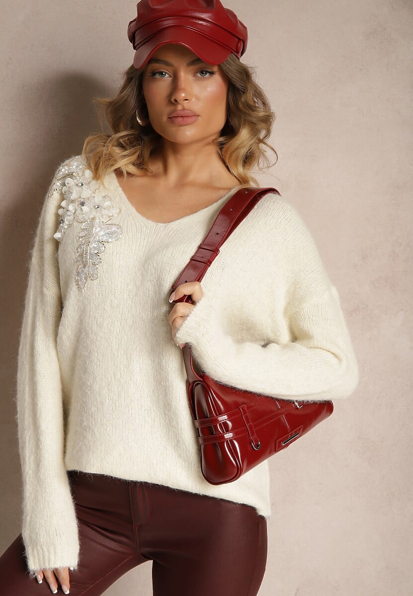 Jasnobeżowy Sweter z Wełną Ozdobiony Cekinami i Kwiatami 3D Calimi