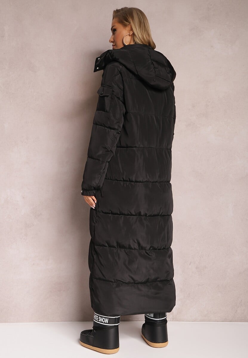 Czarna Długa Kurtka Płaszcz z Pikowaniem i Odpinanym Kapturem Mystaris