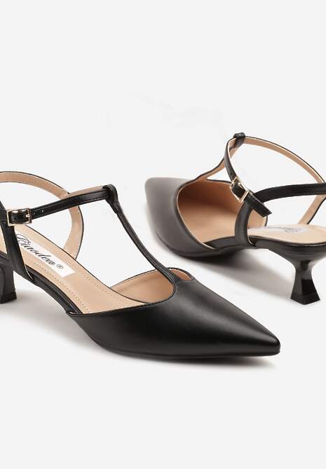 Czarne Czółenka na Obcasie Kaczuszce Ozdobione Paskami Peselle