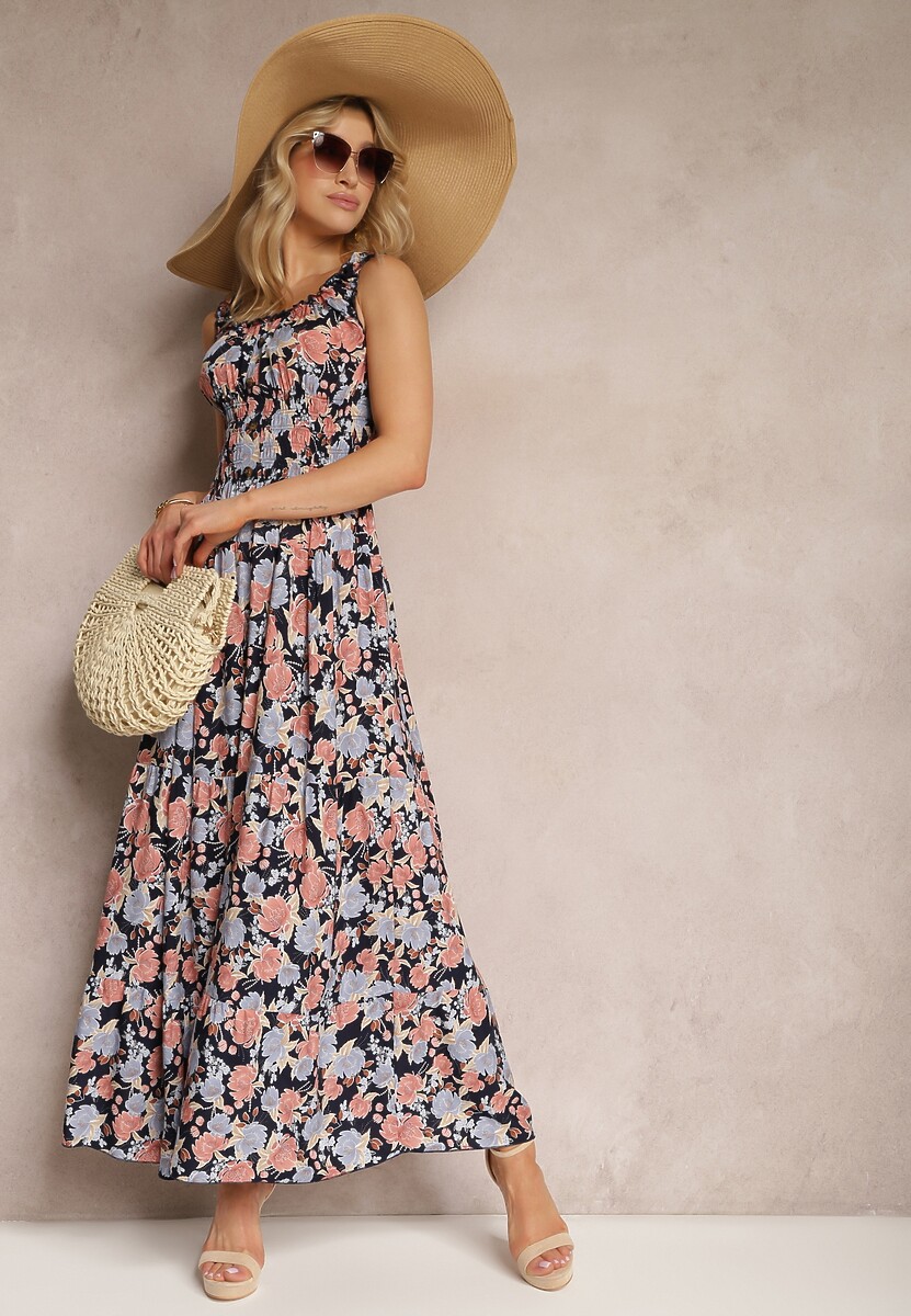 Granatowo-Różowa Kwiecista Sukienka Rozkloszowana z Bawełny na Ramiączkach Kalassia