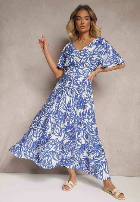 Niebieska Sukienka z Gumką w Pasie Ozdobiona Roślinnym Wzorem Charina