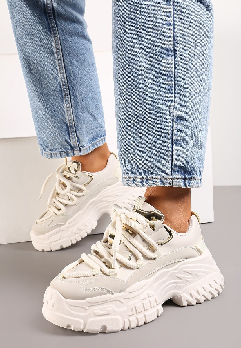 Ciemnobeżowe Sneakersy z Podwójnymi Sznurówkami i Tłoczoną Platformą Luppoa