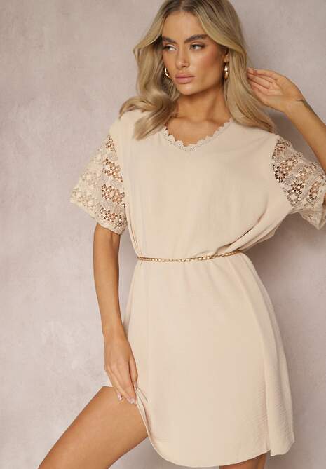 Beżowa Pudełkowa Sukienka Mini z Koronkowymi Wykończeniami Oirelyn