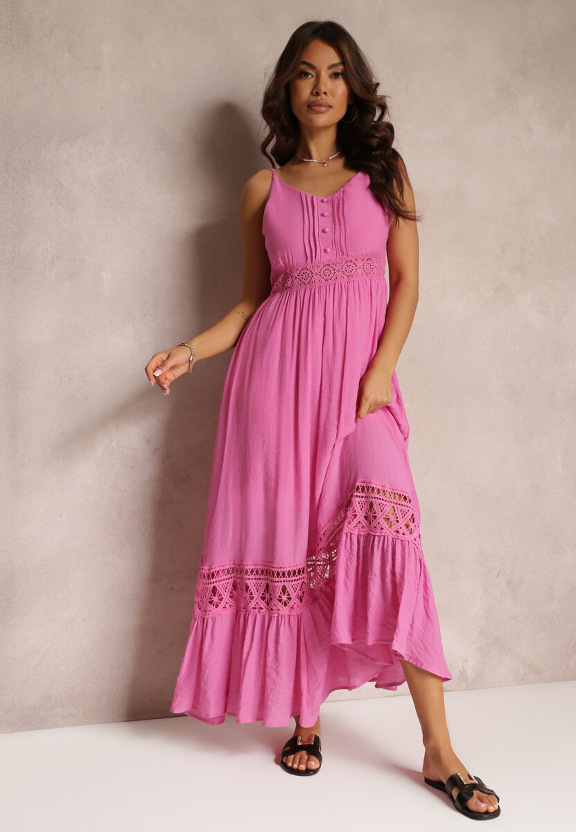 Fuksjowa Rozkloszowana Sukienka Maxi z Falbanką i Koronką Luluma