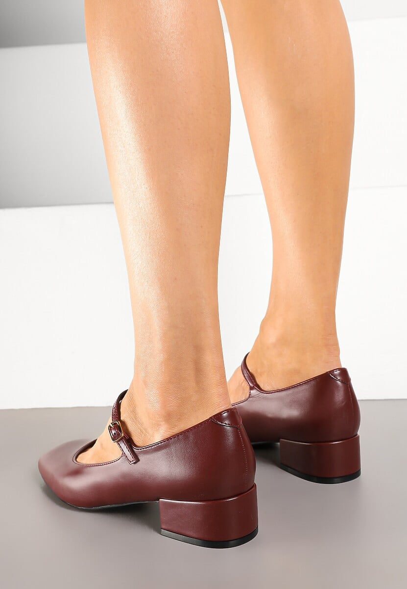 Bordowe Czółenka na Słupku Mary Jane Ozdobione Paskami Omevira