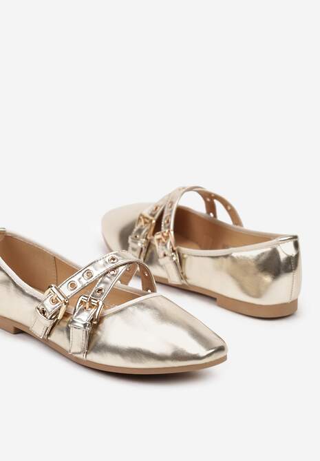 Złote Balerinki na Płaskiej Podeszwie z Paskami i Sprzączkami Pinaya