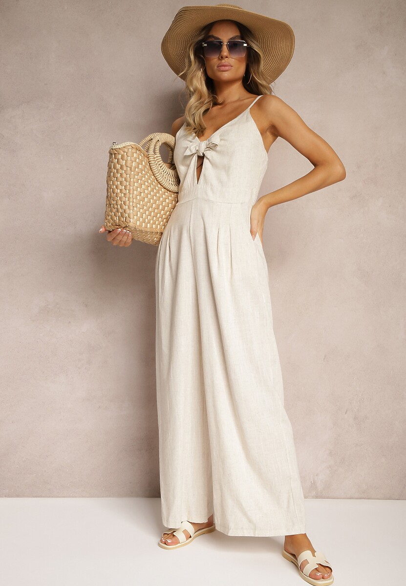 Beżowy Kombinezon z Bawełny z Szerokimi Nogawkami na Ramiączkach z Regulacją i Wiązaniem Tylona